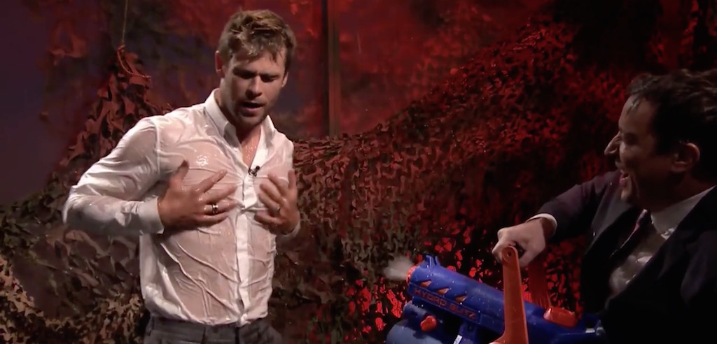 Chris Hemsworth Wet Shirt for The Tonight Show Jimmy Fallon